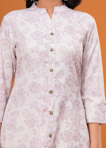 Ethnic Floral Printed A-Line Flared Cotton Flax Kurta - Off White