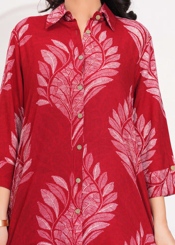 Abstract Floral Printed Straight Fit Co-ord Set - Red