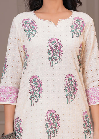 Floral Block Printed Schiffli Kurta with Pant & Pure Cotton Dupatta - Cream