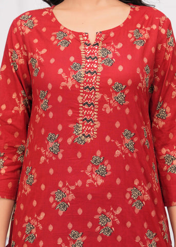 Floral & Stripes Printed Straight Kurta with Pant & Pure Cotton Dupatta - Red