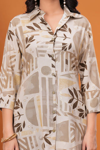 Geometric Floral Foil Printed Straight Fit Co-ord Set - Tan