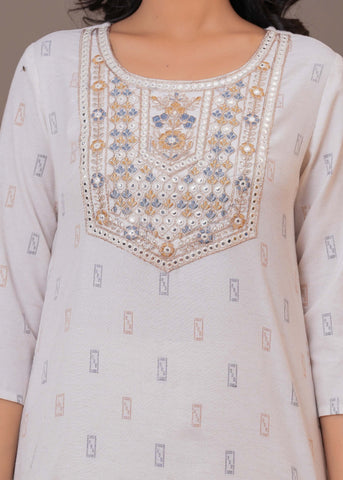 Ethnic Woven & Mirror Embroidered Straight Fit Kurta - Off White