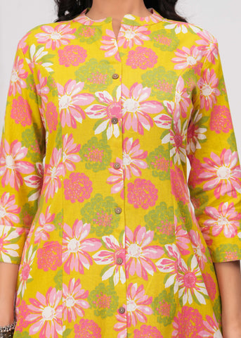 Abstract Floral Printed A-Line Paneled Cotton Flax Kurta - Lime Green