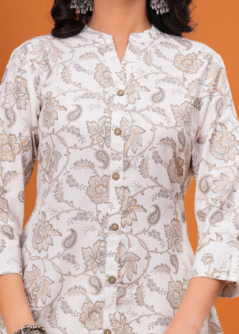 Ethnic Floral Printed A-Line Flared Cotton Flax Kurta - Off White