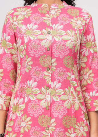 Abstract Floral Printed A-Line Paneled Cotton Flax Kurta - Pink