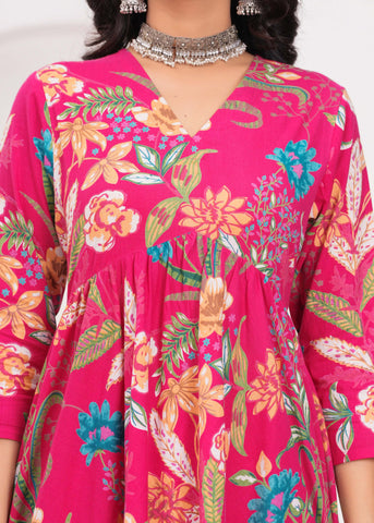 Pink Floral Printed  A-Line Cotton Suit  - Set of 3