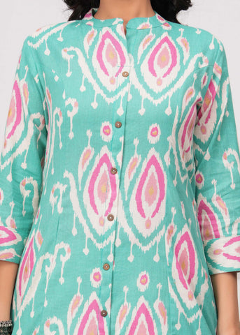 Ikat Printed A-Line Flared Cotton Flax Kurta - Turquoise Blue