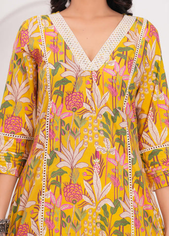 Yellow Floral Printed A-Line Kurta with Palazzo - Set of 2