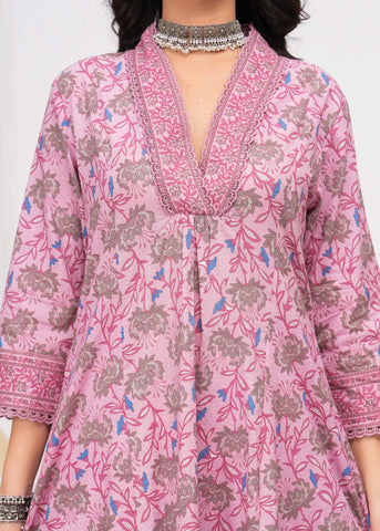 Pink Floral Printed A-Line Kurta with Palazzo - Set of 2