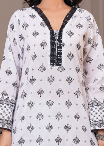 White Ethnic Floral Printed Straight Kurta with Pant - Set of 2