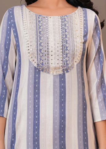 Ethnic Stripes Woven & Sequin Embroidered Straight Fit Kurta
