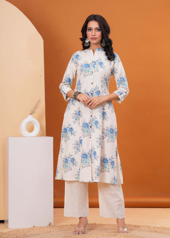 Floral Printed A-Line Flared Cotton Flax Kurta - Off White