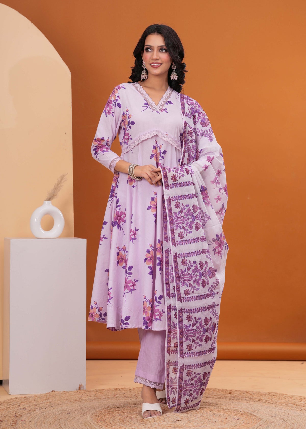 Lavender Floral Printed  A-Line Cotton Suit - Set of 3