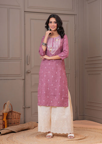 Ethnic Woven & Mirror Embroidered Straight Fit Kurta - Pink