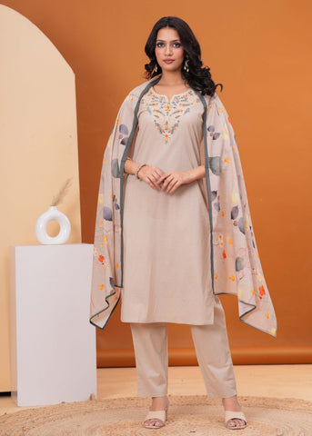 Solid Floral Embroidered Straight Kurta with Pant & Printed Dupatta - Taupe