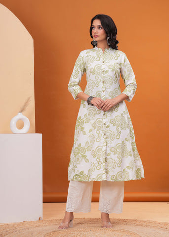 Ethnic Floral Printed A-Line Flared Cotton Flax Kurta - Off White