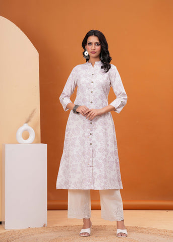 Ethnic Floral Printed A-Line Flared Cotton Flax Kurta - Off White