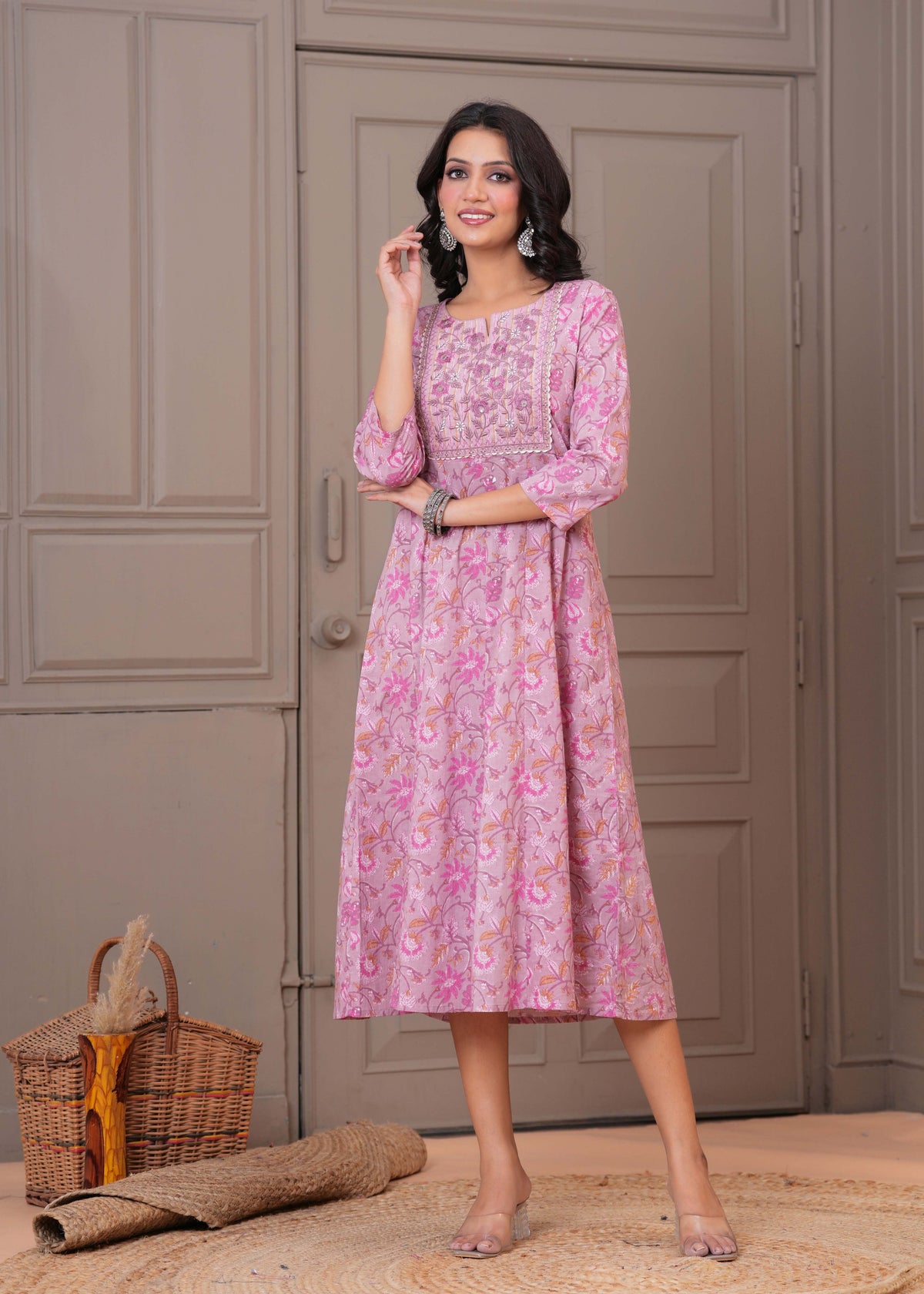 Floral Printed & Embroidered Anarkali Maxi Dress - Pink