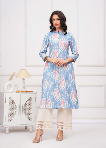 Ikat Printed A-Line Flared Cotton Flax Kurta - Blue