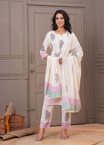 Floral Block Printed Schiffli Kurta with Pant & Pure Cotton Dupatta - Cream