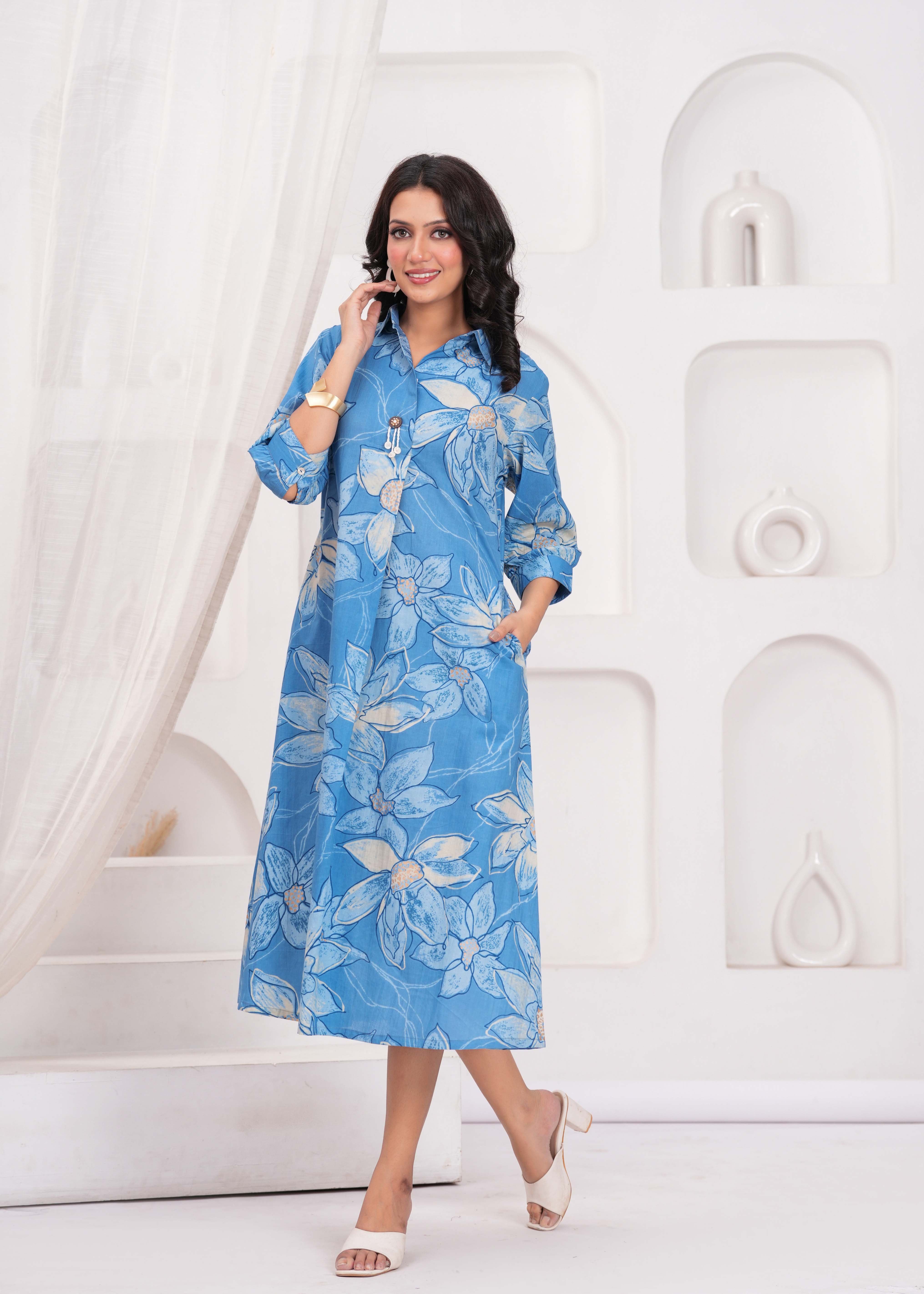 Blue Abstract Floral Printed Flared Maxi Dress Karaveera Blue Abstract Floral Printed Flared Maxi Dress Karaveera