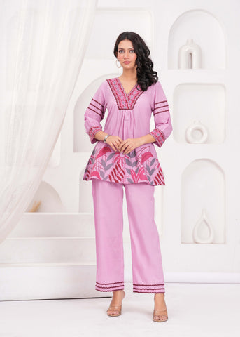 Mauve Abstract Floral Printed A-Line Co-ord Set - Set of 2