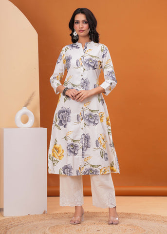 Abstract Floral Printed A-Line Flared Cotton Flax Kurta - Off White