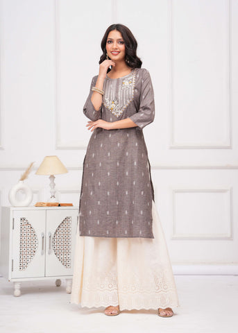Ethnic Woven & Mirror Embroidered Straight Fit Kurta - Grey