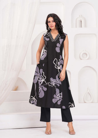 Abstract Floral Printed & Embroidered A-Line Kurta with Palazzo - Black