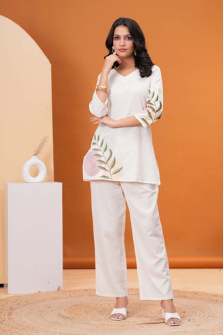 Solid Abstract Embroidered Straight Fit Cotton Flax Co-ord Set - White