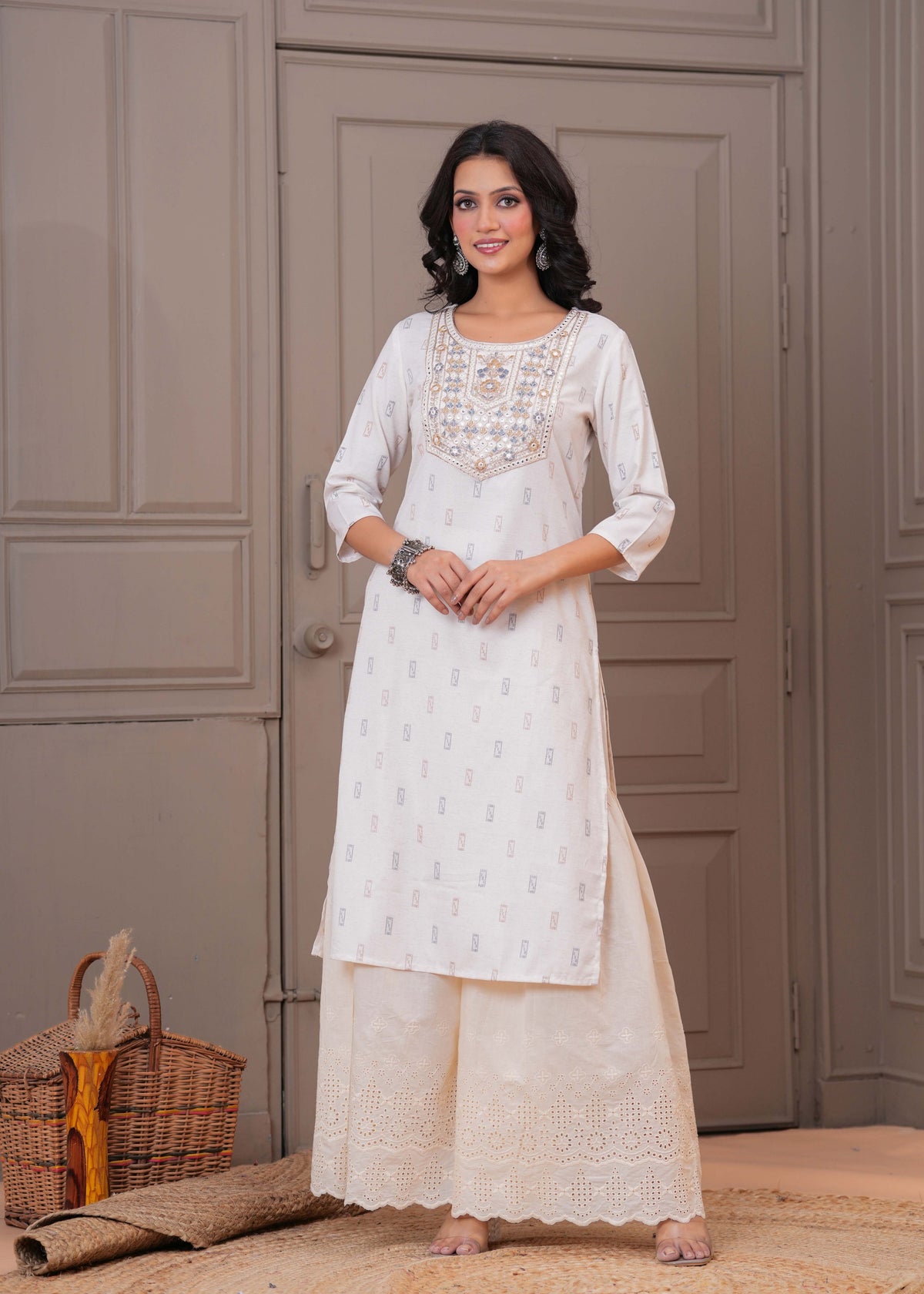 Ethnic Woven & Mirror Embroidered Straight Fit Kurta - Off White