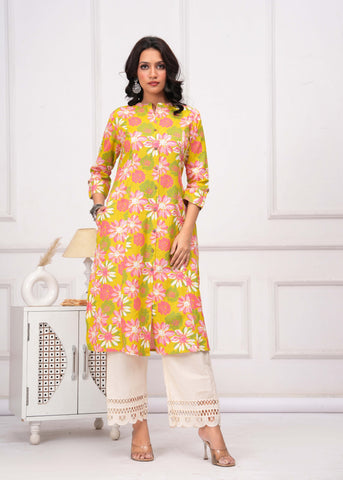 Abstract Floral Printed A-Line Paneled Cotton Flax Kurta - Lime Green