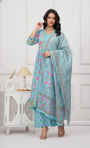 Blue Floral Printed Anarkali Cotton Suit  - Set of 3