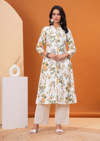 Floral Printed A-Line Flared Cotton Flax Kurta - Off White