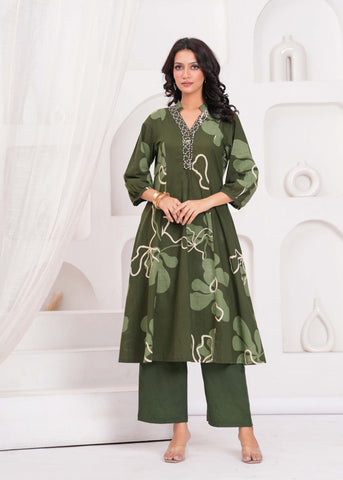 Green Abstract Embroidered A-Line Kurta with Palazzo - Set of 2