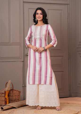 Ethnic Stripes Woven & Sequin Embroidered Straight Fit Kurta