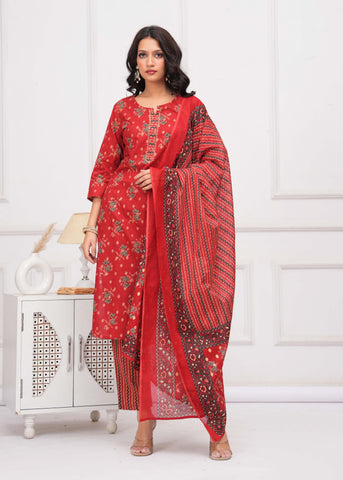 Floral & Stripes Printed Straight Kurta with Pant & Pure Cotton Dupatta - Red