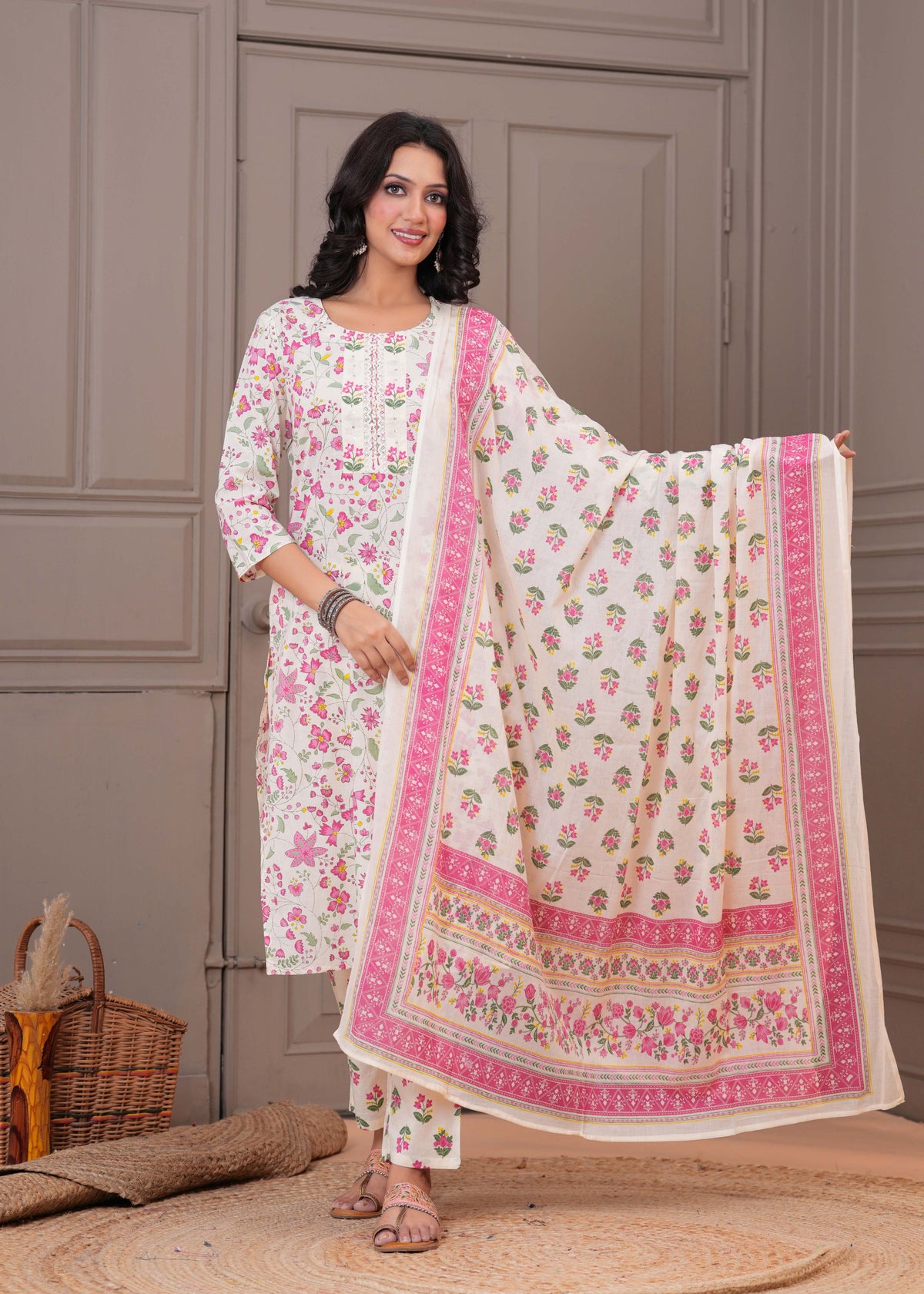 Floral Printed  Straight Kurta with Pant & Pure Cotton Dupatta - Off White