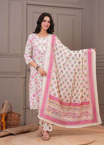 Floral Printed  Straight Kurta with Pant & Pure Cotton Dupatta - Off White