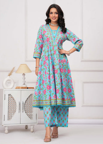 Blue Floral Printed Anarkali Cotton Suit  - Set of 3