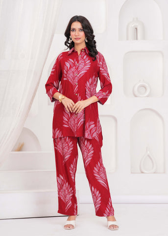 Abstract Floral Printed Straight Fit Co-ord Set - Red