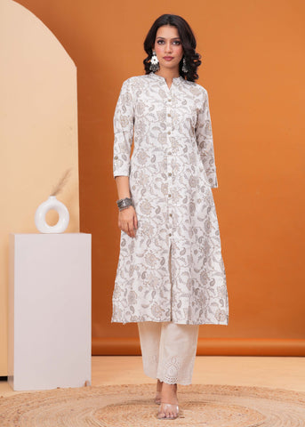 Ethnic Floral Printed A-Line Flared Cotton Flax Kurta - Off White