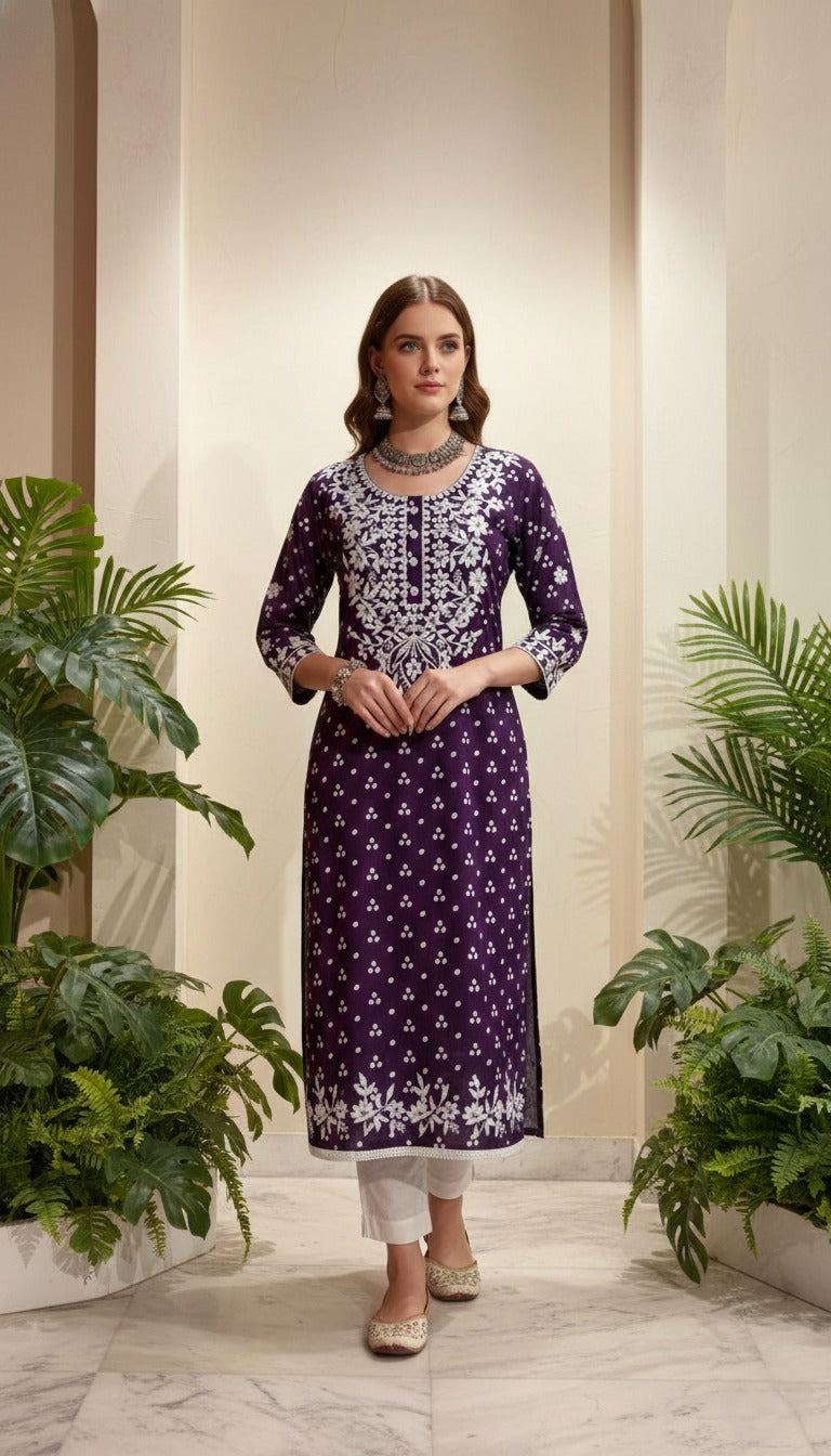 Bandhani Printed & Chikankari Embroidered Straight Fit Kurta - Purple