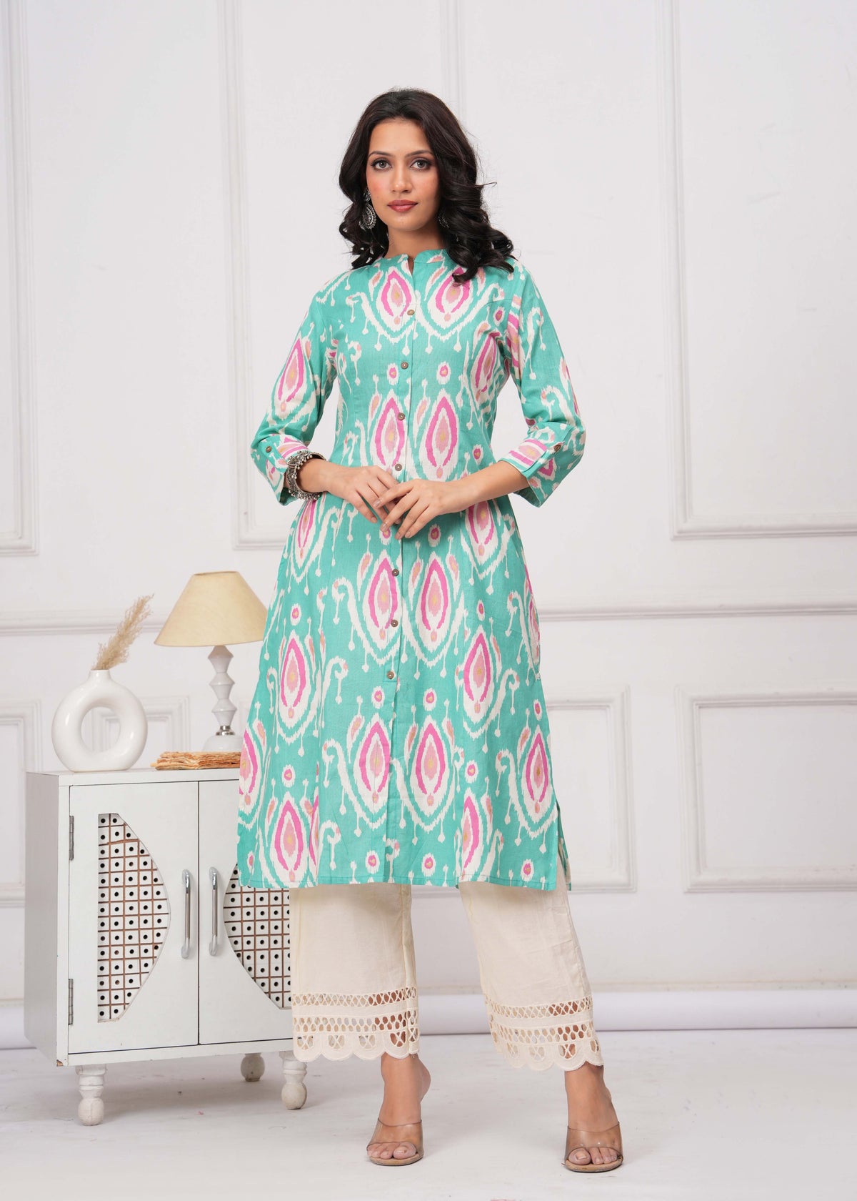 Ikat Printed A-Line Flared Cotton Flax Kurta - Turquoise Blue