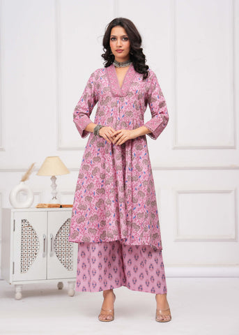 Pink Floral Printed A-Line Kurta with Palazzo - Set of 2