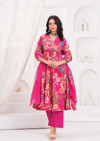 Pink Floral Printed  A-Line Cotton Suit  - Set of 3