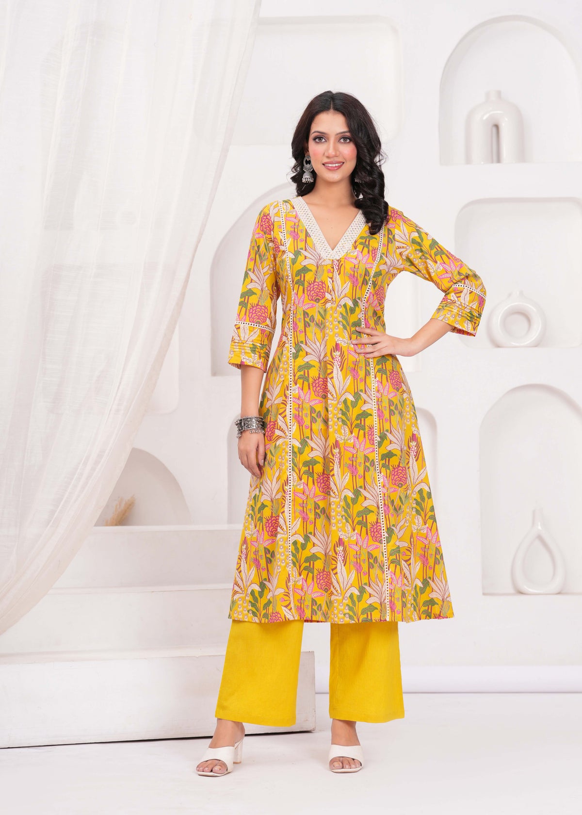 Yellow Floral Printed A-Line Kurta with Palazzo - Set of 2