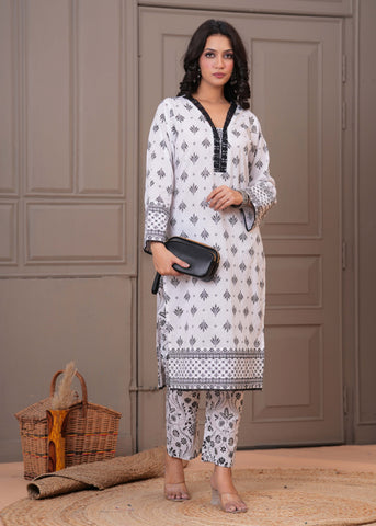White Ethnic Floral Printed Straight Kurta with Pant - Set of 2