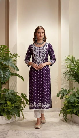 Bandhani Printed & Chikankari Embroidered Straight Fit Kurta - Purple