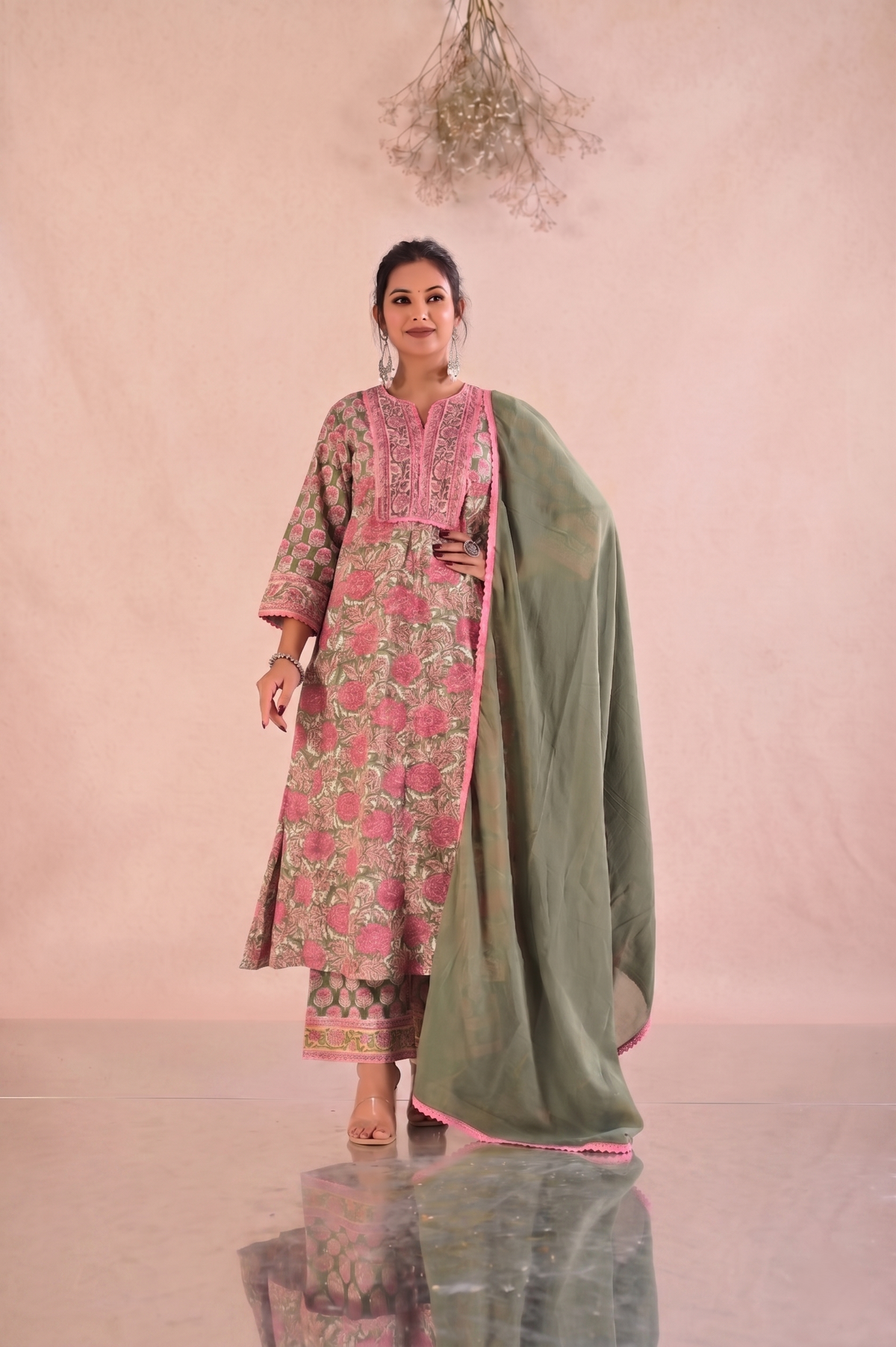 Floral Block Print  Anarkali Cotton Suit Set - Sage Green